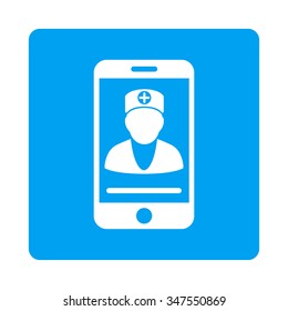 Online Doctor vector icon. Style is flat rounded square button, white and blue colors, white background.