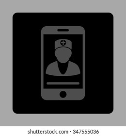 Online Doctor vector icon. Style is flat rounded square button, gray and black colors, silver background.
