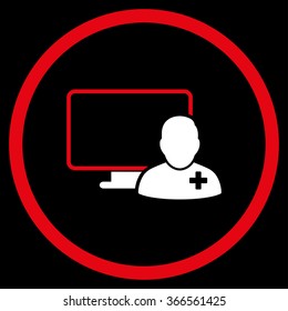 Online Doctor vector icon. Style is bicolor flat circled symbol, red and white colors, rounded angles, black background.
