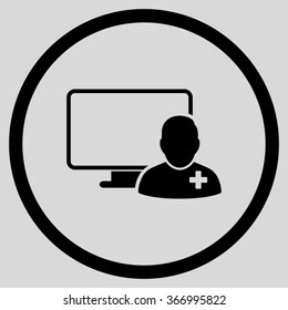 Online Doctor vector icon. Style is flat circled symbol, black color, rounded angles, light gray background.