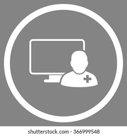 Online Doctor vector icon. Style is flat circled symbol, white color, rounded angles, gray background.