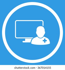 Online Doctor vector icon. Style is flat circled symbol, white color, rounded angles, blue background.