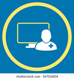 Online Doctor vector icon. Style is bicolor flat circled symbol, yellow and white colors, rounded angles, blue background.