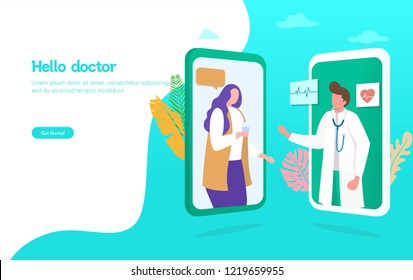 Online Doctor Vector Illustration Concept,  Patient Consultation To The Doctor Via Smartphone, Can Use For, Landing Page, Template, Ui, Web, Mobile App, Poster, Banner, Flyer
