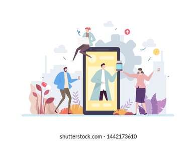 Online Doctor Vector Illustration Concept Showing online healthcare consultation using a mobile apps, Suitable for landing page, ui, web, App intro card, editorial, flyer, and banner.