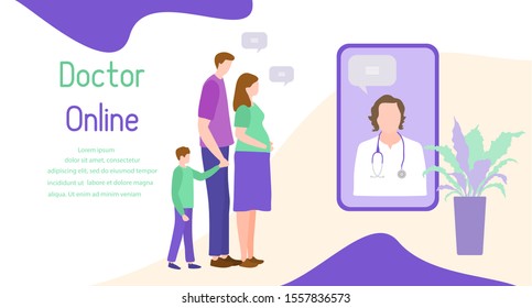 Online doctor vector illustration concept Pregnant woman consults a doctor by smartphone Online medical support supervision monitoring services. Healthcare. Flat style Design for website, app, print
