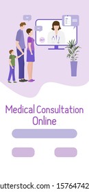 Online doctor vector illustration concept Family consults doctor Online medical support supervision monitoring services Healthcare Flat style Template of vertical banner Design for website, app, print