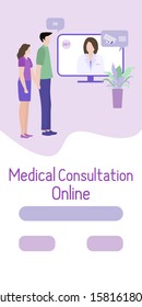 Online doctor vector illustration concept Family consults doctor Online medical support supervision monitoring services Healthcare Flat style Template of vertical banner Design for website, app, print