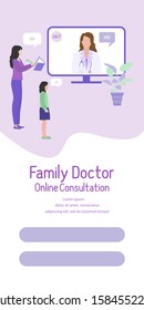 Online doctor vector illustration concept Family consults doctor Online medical support supervision monitoring services Healthcare Flat style Template of vertical banner Design for website, app, print