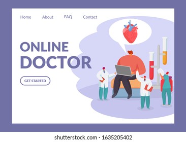Online doctor vector illustration concept website internet page. Patient man with laptop takes care of heart health. Working tiny doctor team treats with pills. Test tubes with analyzes.