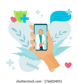 Online Doctor. Vector illustration 
the concept of modern medicine with technology. The call of the family doctor by video link.