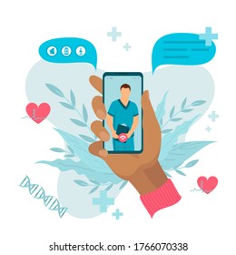 Online Doctor. Vector illustration 
the concept of modern medicine with technology. The call of the family doctor by video link.