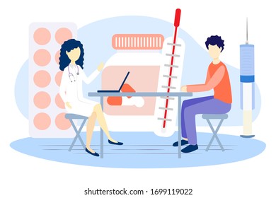 Online doctor vector illustration. Flat tiny medical help persons concept. Distance internet emergency support. Professional diagnosis and treatment service. Patient illness communication technology