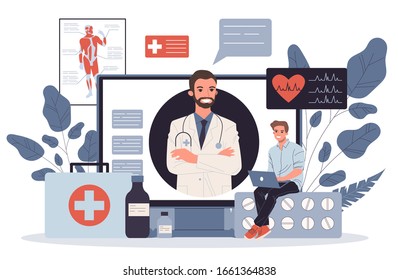 Online doctor vector illustration. Young patient with laptop chatting with practitioner. Medical consulting app for healthcare, medicine, internet communication concept