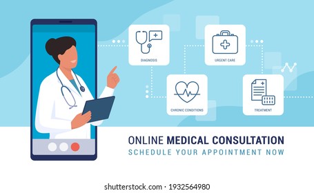 Online Doctor Video Calling On A Smartphone And Presenting Virtual Consulting Services: Diagnosis, Chronic Conditions And Illness Treatment, Urgent Care