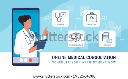 Online doctor video calling on a smartphone and presenting virtual consulting services: diagnosis, chronic conditions and illness treatment, urgent care