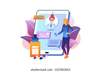Online doctor violet gradient concept with people scene in the flat cartoon style. Doctor explains to the patient what needs to be done via video link. Vector illustration.