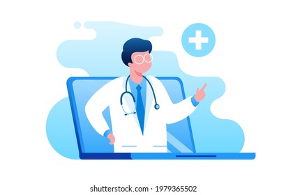Online Arzt virtuelle Beratung mit Computertechnologie schnelle Reaktion für Notfallpatienten. flache Vektorgrafik, geeignet für Banner, Flyer, Landing-Page usw.