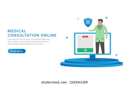 Online doctor virtual consultation with computer technology fast response for emergency patient. Medical consultation, Medical patient, Healthcare. Vector illustration
