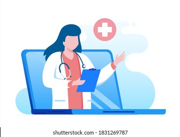 Online Doctor Virtual Consultation With Mobile Phone Technology Fast Response For Emergency Patient. Flat Vector Illustration Fit For Banner, Flyer, Landing Page, Etc