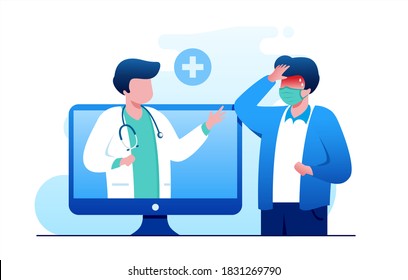 Online Doctor Virtual Consultation With Mobile Phone Technology Fast Response For Emergency Patient. Flat Vector Illustration Fit For Banner, Flyer, Landing Page, Etc