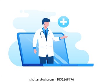 Online Doctor Virtual Consultation With Mobile Phone Technology Fast Response For Emergency Patient. Flat Vector Illustration Fit For Banner, Flyer, Landing Page, Etc