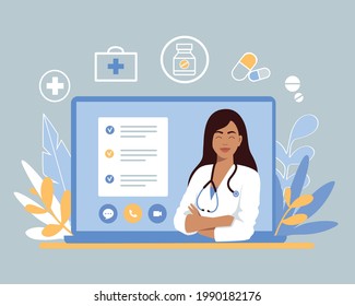 Online doctor. virtual medicine.  health consultation on laptop, diagnosis. Vector Illustration.