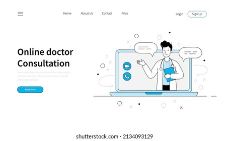 Online Doctor, Virtual Medicine Health Template. Landing Page Outline Doodle Style. Medicine Web Site, Online Clinic, Mobile Pharmacy Service Vector Illustration.