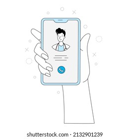 Online doctor, virtual medicine illustration. Young doctor outline doodle style. Phone medicine app, online clinic, mobile pharmacy service vector illustration.