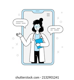 Online doctor, virtual medicine illustration. Female doctor outline doodle style. Phone medicine app, online clinic, mobile pharmacy service vector illustration.