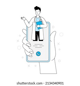 Online doctor, virtual medicine illustration. Young doctor outline doodle style. Phone medicine app, online clinic, mobile pharmacy service vector illustration.