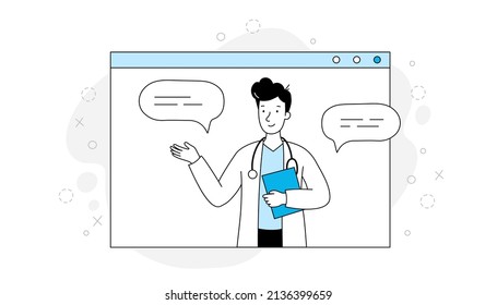 Online doctor, virtual medicine illustration. Doctor in computer screen outline doodle style. Medicine web app, online clinic, mobile pharmacy service vector illustration.