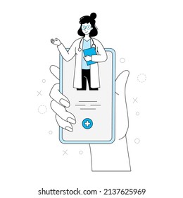 Online doctor, virtual medicine illustration. Female doctor outline doodle style. Phone medicine app, online clinic, mobile pharmacy service vector illustration.