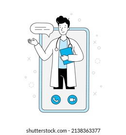 Online doctor, virtual medicine illustration. Young doctor outline doodle style. Phone medicine app, online clinic, mobile pharmacy service vector illustration.