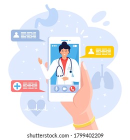 Online doctor. Virtual medicine. Mobile app for call to physician. Ask medic. Health consultation, diagnosis. Hand hold cellphone isolated on white background. Vector cartoon design