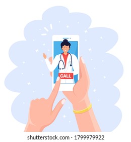 Online doctor. Virtual medicine. Mobile app for call to physician. Ask medic. Health consultation, diagnosis. Hand hold cellphone isolated on white background. Vector cartoon design