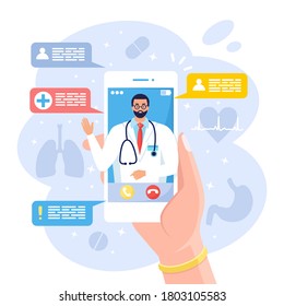 Online doctor. Virtual medicine. Using mobile app for call to physician. Ask medic. Health consultation, diagnosis. Hand hold cellphone isolated on white background. Vector cartoon design