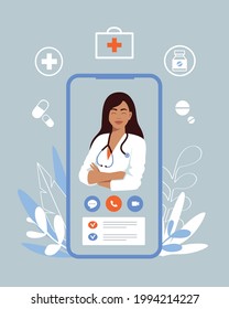 Online doctor. virtual medicine. using mobile app for call to physician. ask medic. health consultation, diagnosis. Vector illustration.