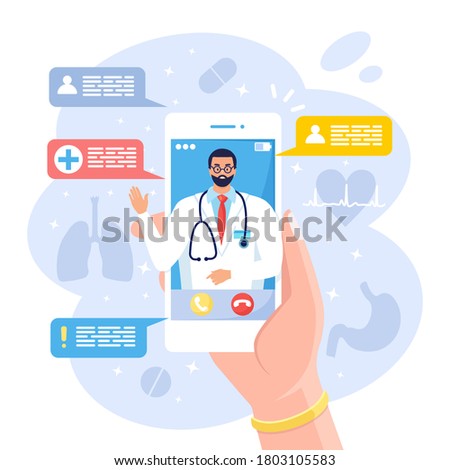 Online doctor. Virtual medicine. Using mobile app for call to physician. Ask medic. Health consultation, diagnosis. Hand hold cellphone isolated on white background. Vector cartoon design