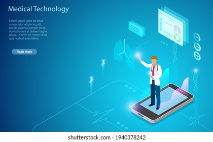 Online Doctor From Virtual Smartphone Screen Diagnosis  Medical Data. Idea For Virtual Hospital, Innovation Technology In Medical And Healthcare Concept. Isometric View.