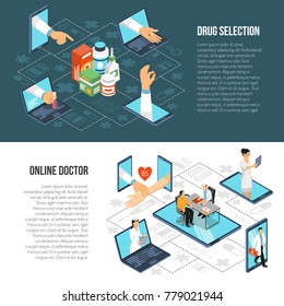 Online Doctor Virtual Visit From Mobile Device For Drugs Selection 2 Horizontal Isometric Banners Set Vector Illustration  