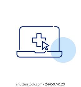 Online doctor visit. Laptop with mouse pointer on cross in browser page. Virtual medical appointments and consultations.