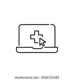 Online doctor visit. Laptop with mouse pointer on cross in browser page. Virtual medical appointments, consultations.