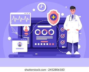 Online doctor. Doctor in a white coat stands with a stethoscope. Medical specialist. Healthcare online service. Online appointment. Vector graphics