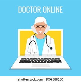 Online doctor woman character look out laptop. Online medical consultation concept. Vector illustration.