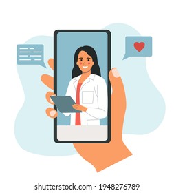 Online doctor woman. Hand holding smartphone. Vector flat style cartoon  illustration.