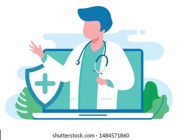 Online doctor women healthcare concept icon set. Doctor videocalling on a laptop. Online medical services, medical consultation. Vector illustration for websites landing page templates