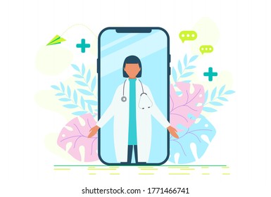 Online doctor women healthcare concept icon set. Doctor videocalling on a smartphone. Online medical services, medical consultation. Online doctor women healthcare concept icon set