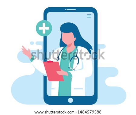 Online doctor women healthcare concept icon set. Doctor videocalling on a smartphone. Online medical services, medical consultation. Vector illustration for websites landing page templates