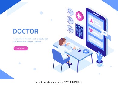 Online doctor at work Can use for web banner, infographics, hero images. Flat isometric vector illustration isolated on white background.